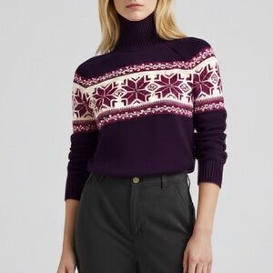 Lands' End Plum Fair Isle Turtleneck Snowflake Sweater après ski Apres purple S